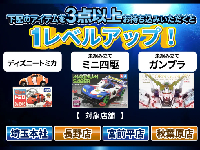 対象のアイテムを3点以上お持ち込みいただくと1レベルアップ!