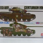 TAMIYA 1/25 BRITISH ARMY MEDIUM TANK CENTURION Mk.Ⅲの箱。車体のイラストやロゴが描かれている。